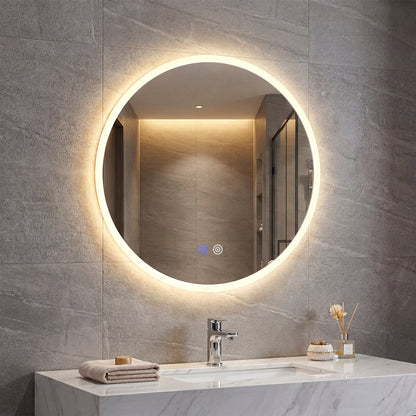 60 CM Round LED Bathroom Mirror Wall-mounted Backlit Vanity Makeup Mirror with 3 Light Colors