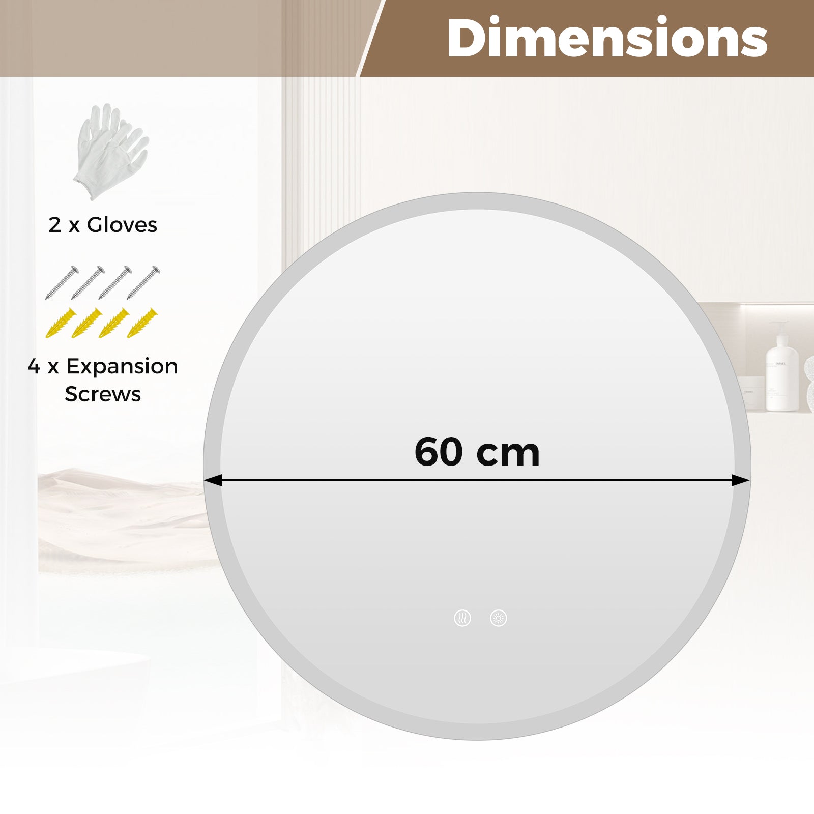 60 CM Round LED Bathroom Mirror Wall-mounted Backlit Vanity Makeup Mirror with 3 Light Colors