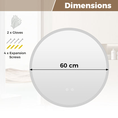 60 CM Round LED Bathroom Mirror Wall-mounted Backlit Vanity Makeup Mirror with 3 Light Colors