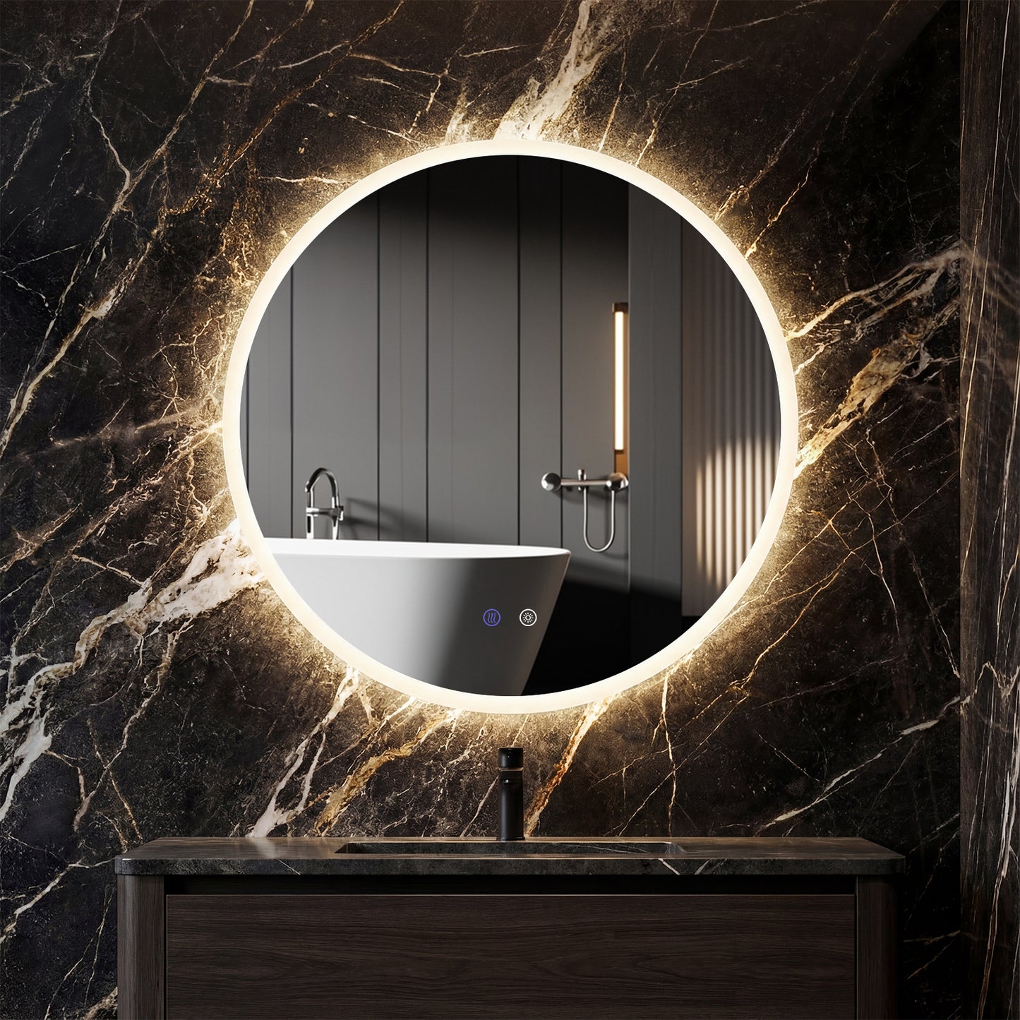 60 CM Round LED Bathroom Mirror Wall-mounted Backlit Vanity Makeup Mirror with 3 Light Colors