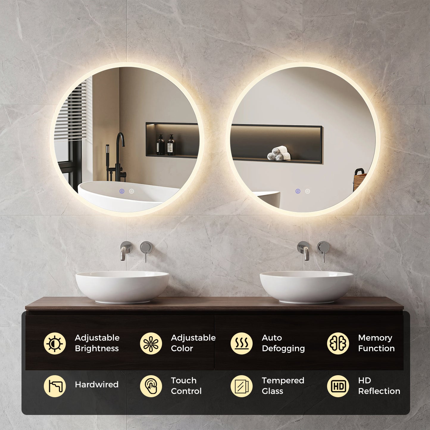 60 CM Round LED Bathroom Mirror Wall-mounted Backlit Vanity Makeup Mirror with 3 Light Colors