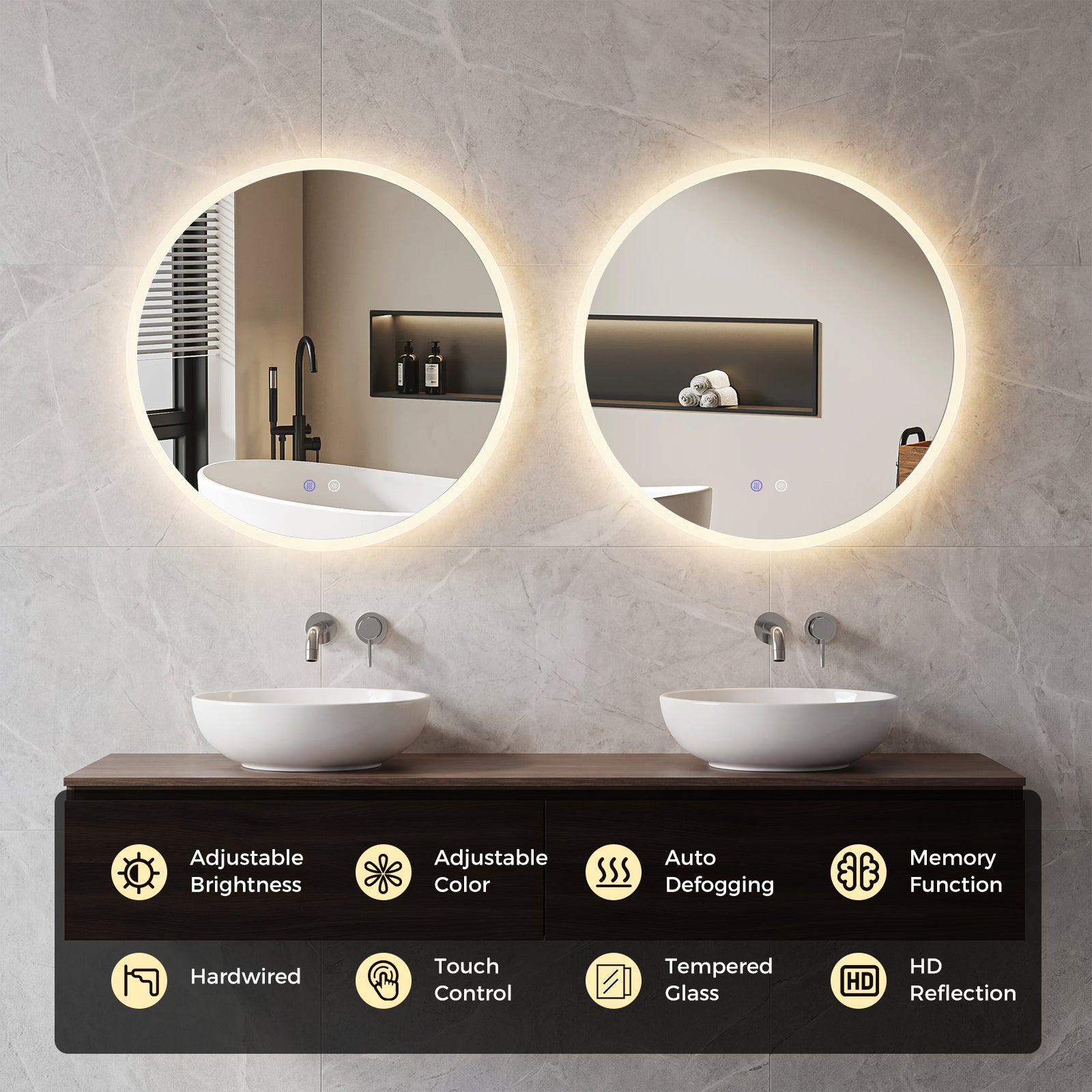 60 CM Round LED Bathroom Mirror Wall-mounted Backlit Vanity Makeup Mirror with 3 Light Colors