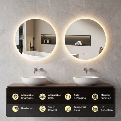 60 CM Round LED Bathroom Mirror Wall-mounted Backlit Vanity Makeup Mirror with 3 Light Colors