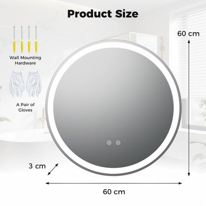 60 CM Round Wall Mounted LED Lighted Mirror with Adjustable Brightness