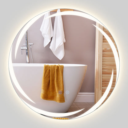 60 cm Round LED Bathroom Mirror Explosion-proof Tempered Glass Wall Mirror with 3-Color Lights
