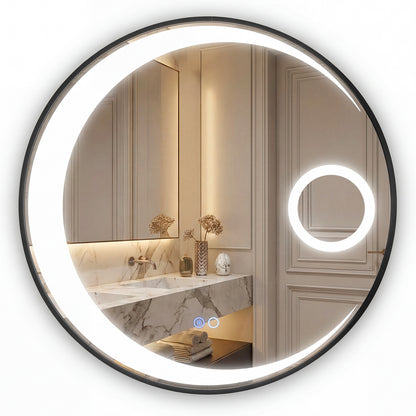 60 cm Round LED Bathroom Mirror with 3 Light Colors and Magnification Mirror-Black