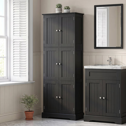 60 x 30 x 160 CM Tall Bathroom Storage Cabinet with 6 Doors-Black