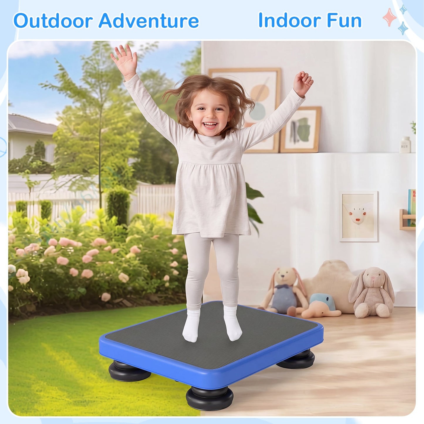 60 x 50 cm Kids Rebounder Bouncing Board with Elastic Rope and Non-Slip Base & Feet for Ages 3+-Blue