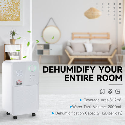 HOMCOM 12L/Day 2000ML Portable Quiet Dehumidifier for Home Laundry Room Bedroom Basement, Electric Moisture Air De-Humidifier with 4 Modes