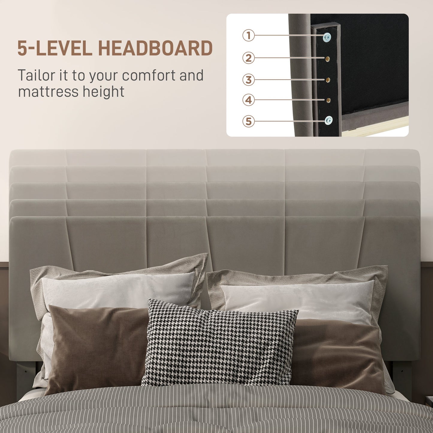 HOMCOM King Size Bed Frame with Velvet-Feel Headboard 161W x 208D x 121Hcm, Grey