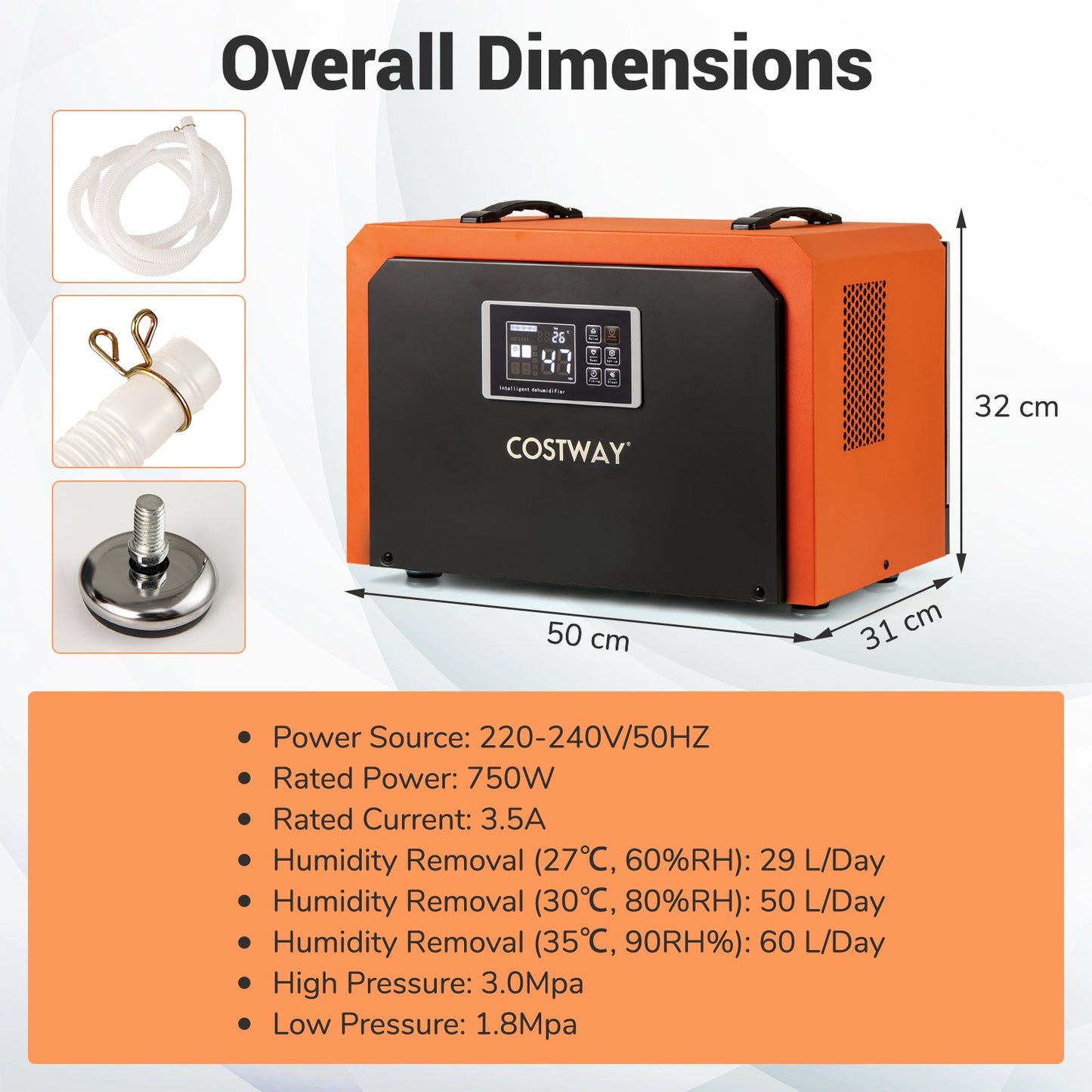 60L Crawl Space Dehumidifier with Drain Hose and 24H Timer-Orange