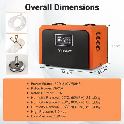 60L Crawl Space Dehumidifier with Drain Hose and 24H Timer-Orange