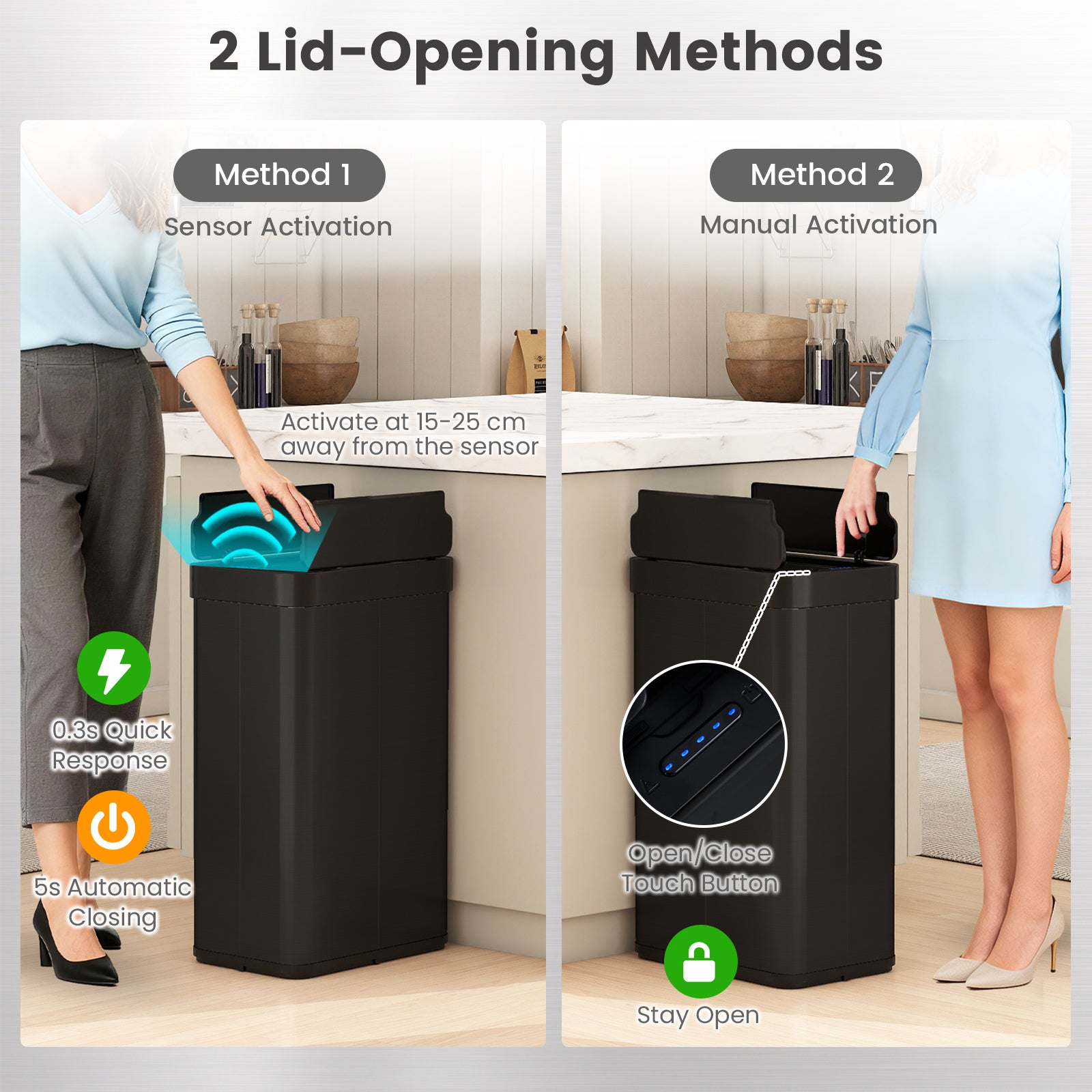60L Trash Can with 2 Wing Lids Slim Automatic Touchless Waste Bin-Black