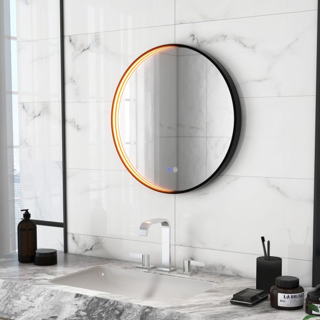 60 CM Round Bathroom Mirror with LED Lights and Anti-Fog Design-Black