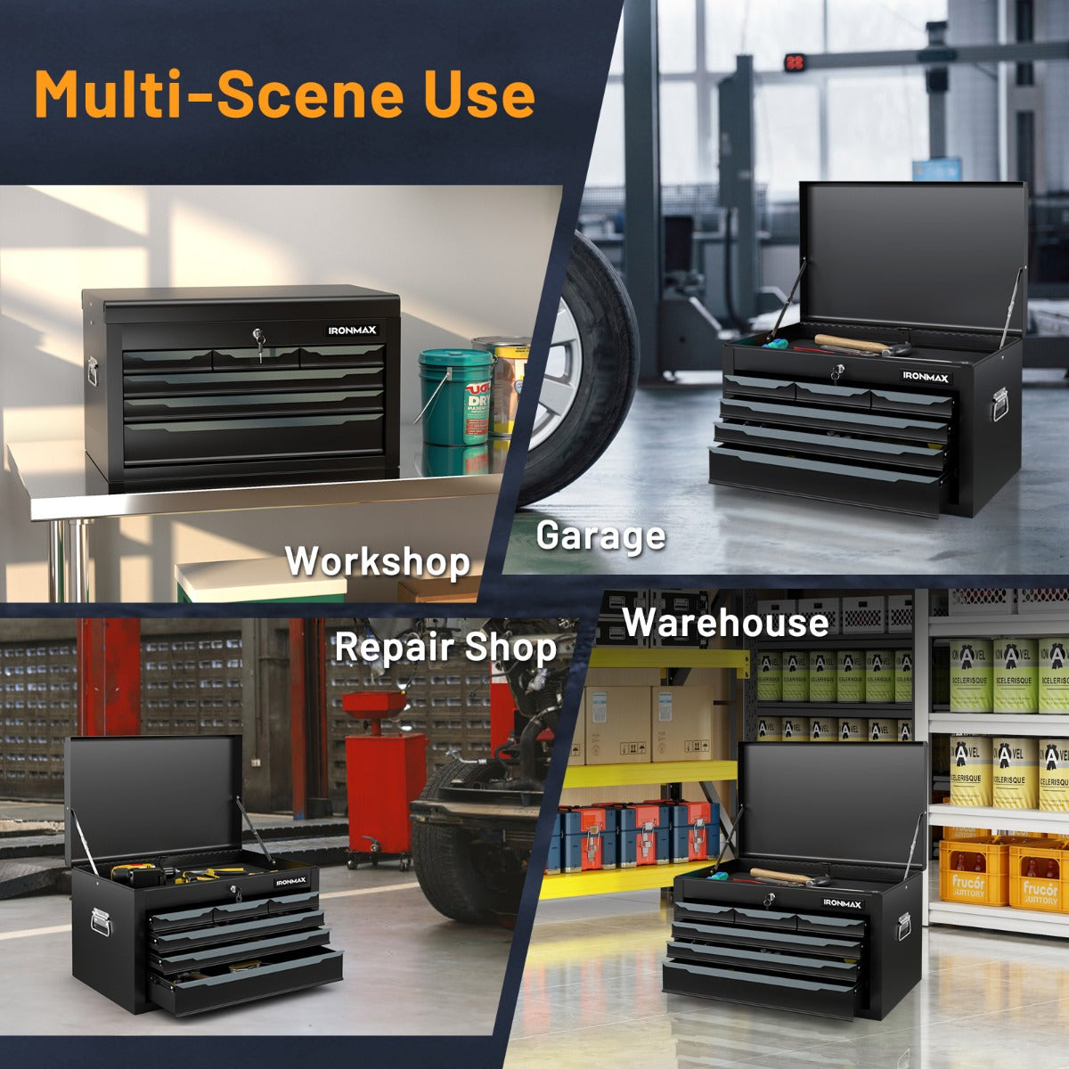 24 Inch Tool Chest Case with 6 Drawers and Top Storage for Garage Repair Shop & Warehouse-Black