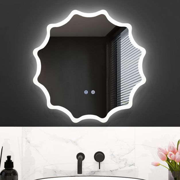 60 x 60 cm LED Waved Edge Round Wall Mirror with 3-Color Lights-Silver