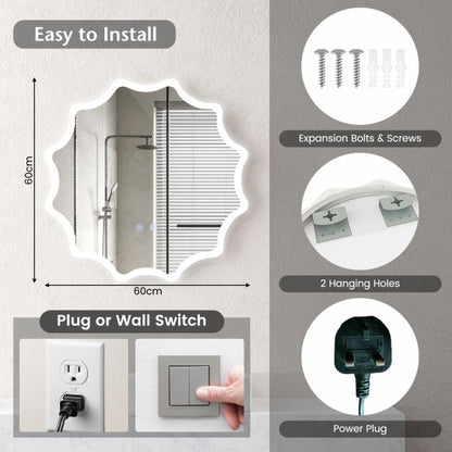 60 x 60 cm LED Waved Edge Round Wall Mirror with 3-Color Lights-Silver