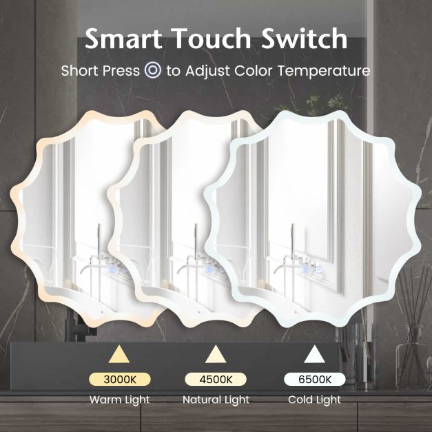 60 x 60 cm LED Waved Edge Round Wall Mirror with 3-Color Lights-Silver