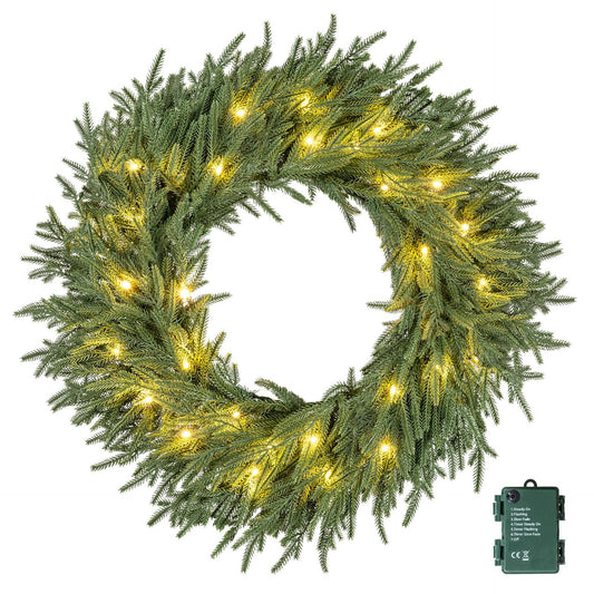 60cm Artificial Pre-Lit Christmas Wreath with Warm White LED Lights