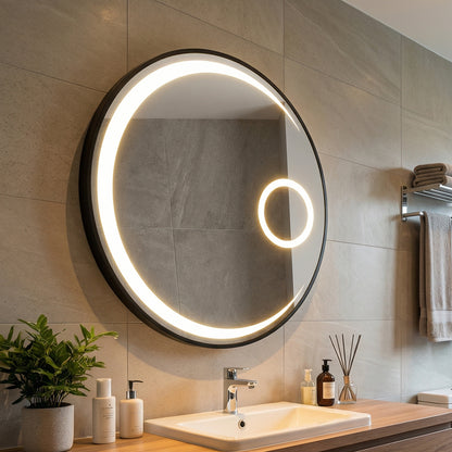 60 cm Round LED Bathroom Mirror with 3 Light Colors and Magnification Mirror-Black