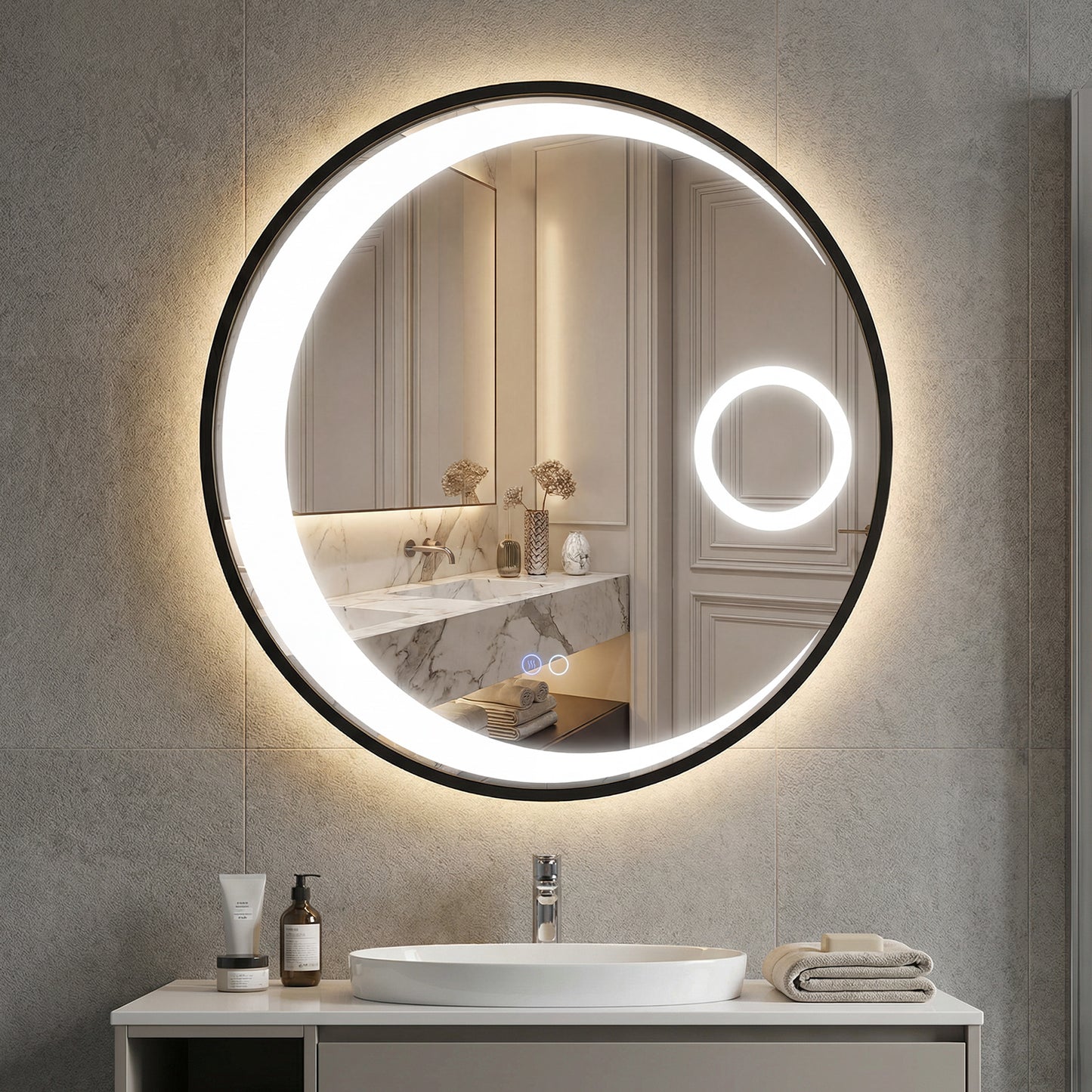 60 cm Round LED Bathroom Mirror with 3 Light Colors and Magnification Mirror-Black