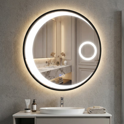 60 cm Round LED Bathroom Mirror with 3 Light Colors and Magnification Mirror-Black