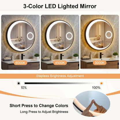 60 cm Round LED Bathroom Mirror with 3 Light Colors and Magnification Mirror-Black