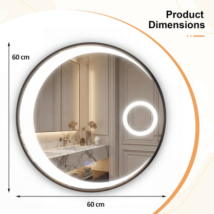 60 cm Round LED Bathroom Mirror with 3 Light Colors and Magnification Mirror-Black