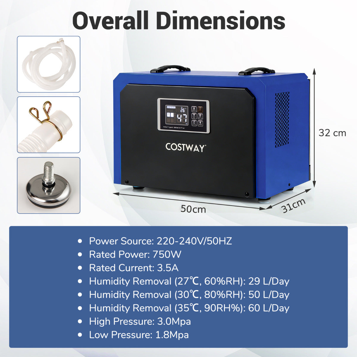 60L Crawl Space Dehumidifier with Drain Hose and 24H Timer-Blue
