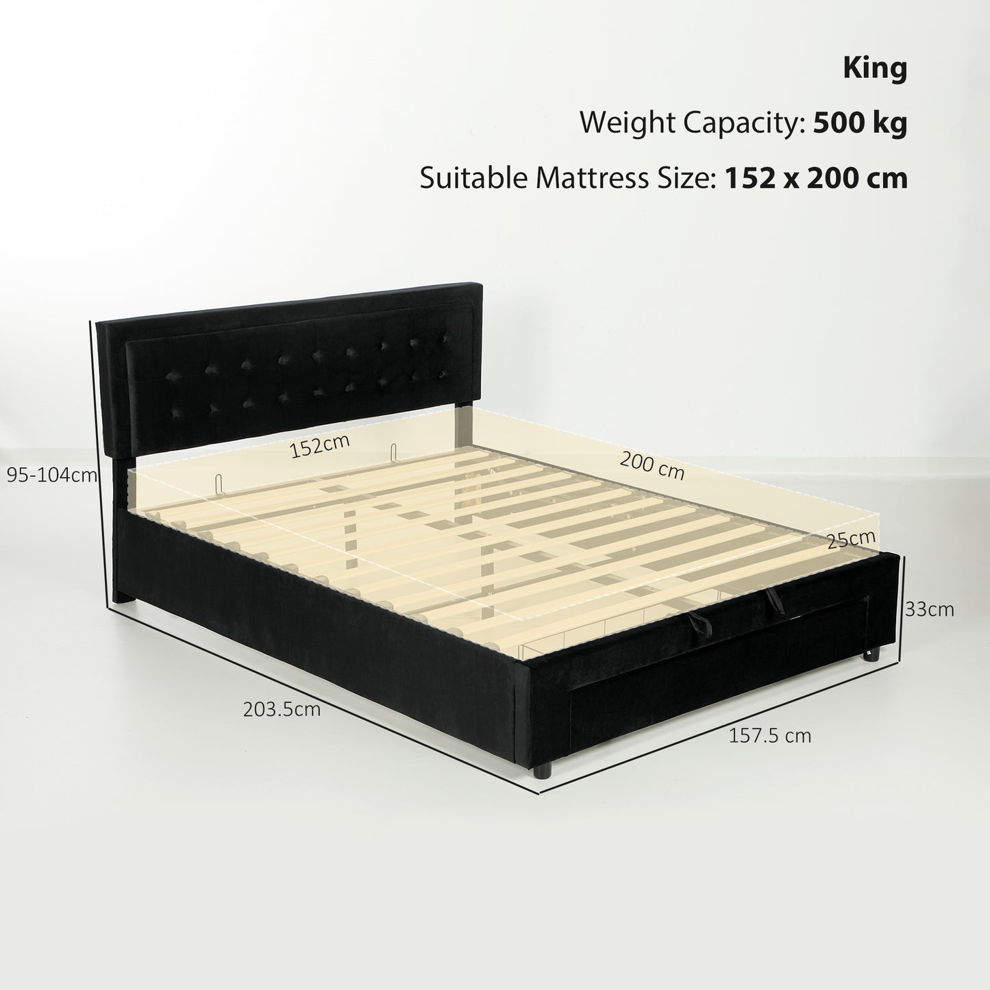 HOMCOM King Ottoman Bed Frame, Upholstered Bed Frame with Storage Drawer and Adjustable Headboard, 5ft, Black