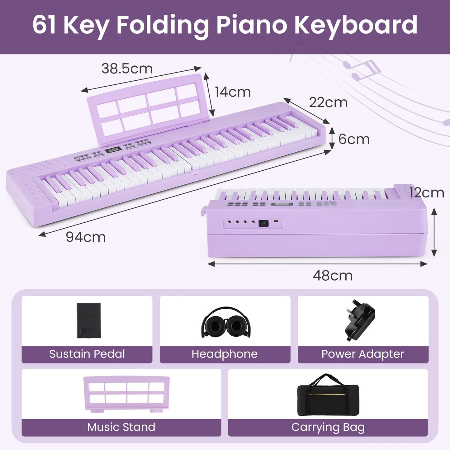 61-Key Foldable Piano Keyboard Full-size Electronic Keyboard with MIDI and Split Function-Purple