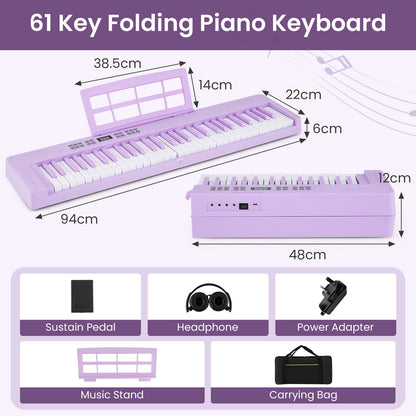 61-Key Foldable Piano Keyboard Full-size Electronic Keyboard with MIDI and Split Function-Purple