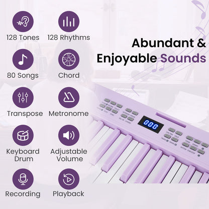 61-Key Foldable Piano Keyboard Full-size Electronic Keyboard with MIDI and Split Function-Purple
