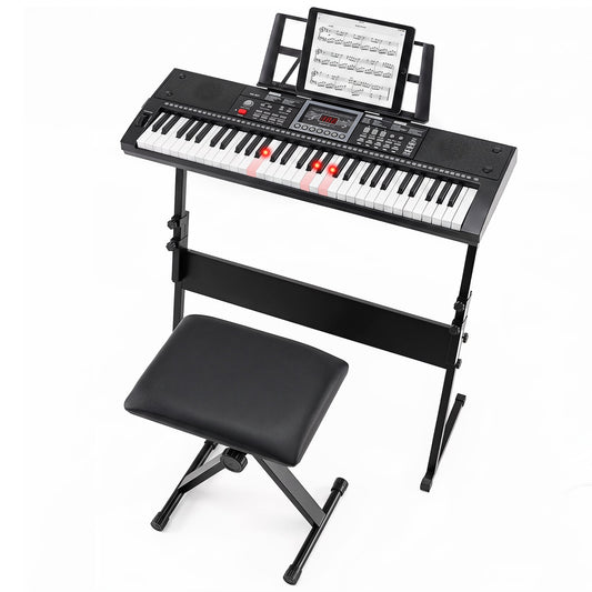61 Key Keyboard Piano for Beginners with Stand Stool and Lighted Keys-Black