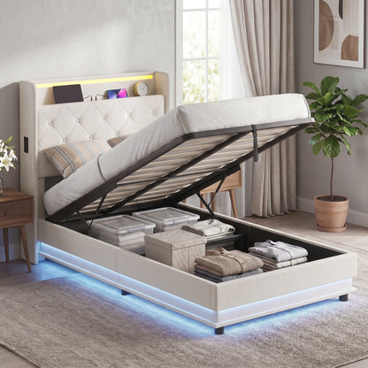HOMCOM 3ft Single Bed Frame with Headboard, Platform Bed Frame with Hydraulic Storage, LED Lights and Charging Station, White