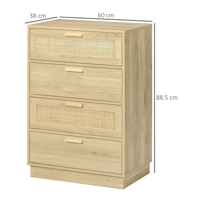 HOMCOM Chest of Four Rattan Weave Panel Drawers - Wood-Effect