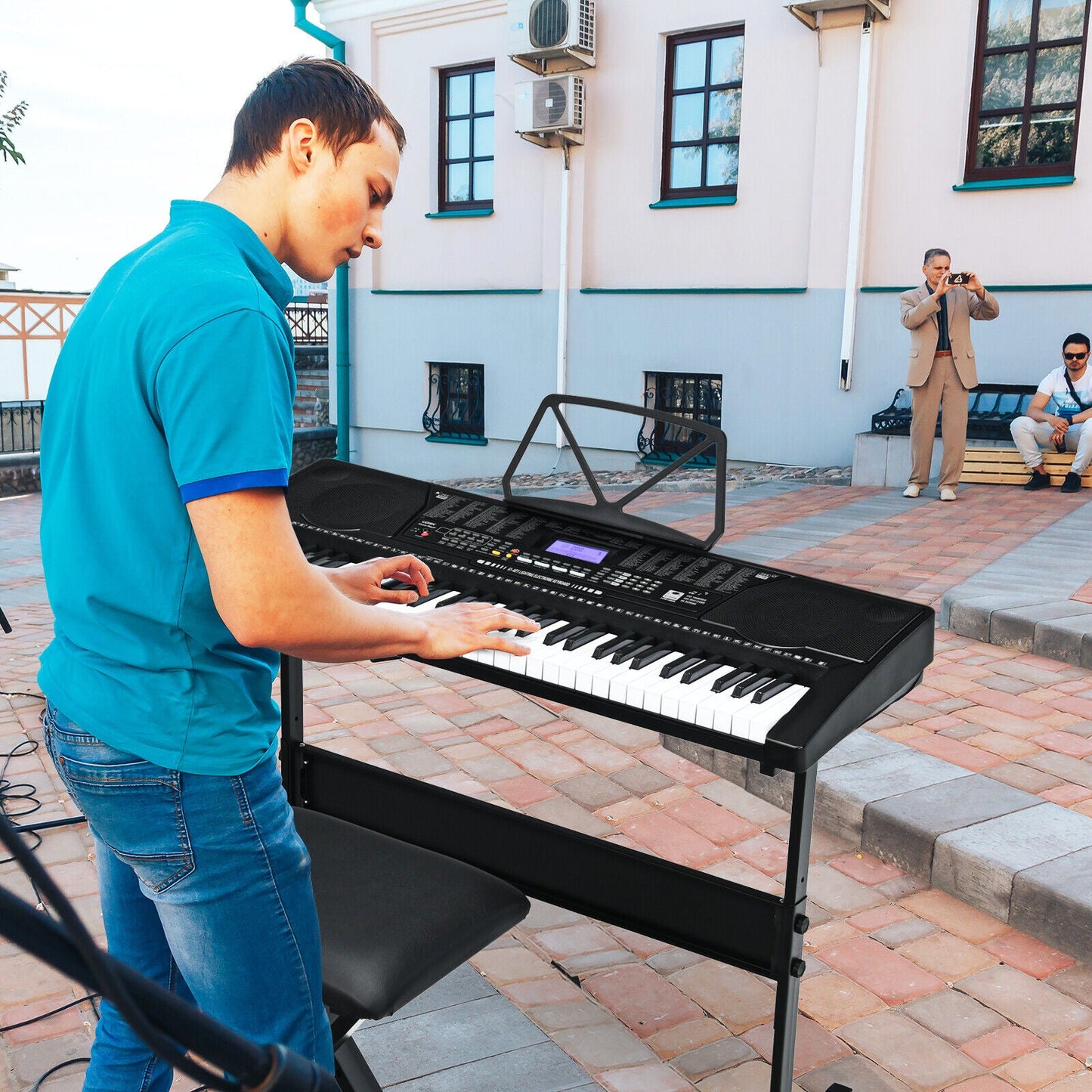 Portable 61-Key Digital Keyboard Piano with Stool and LCD Screen