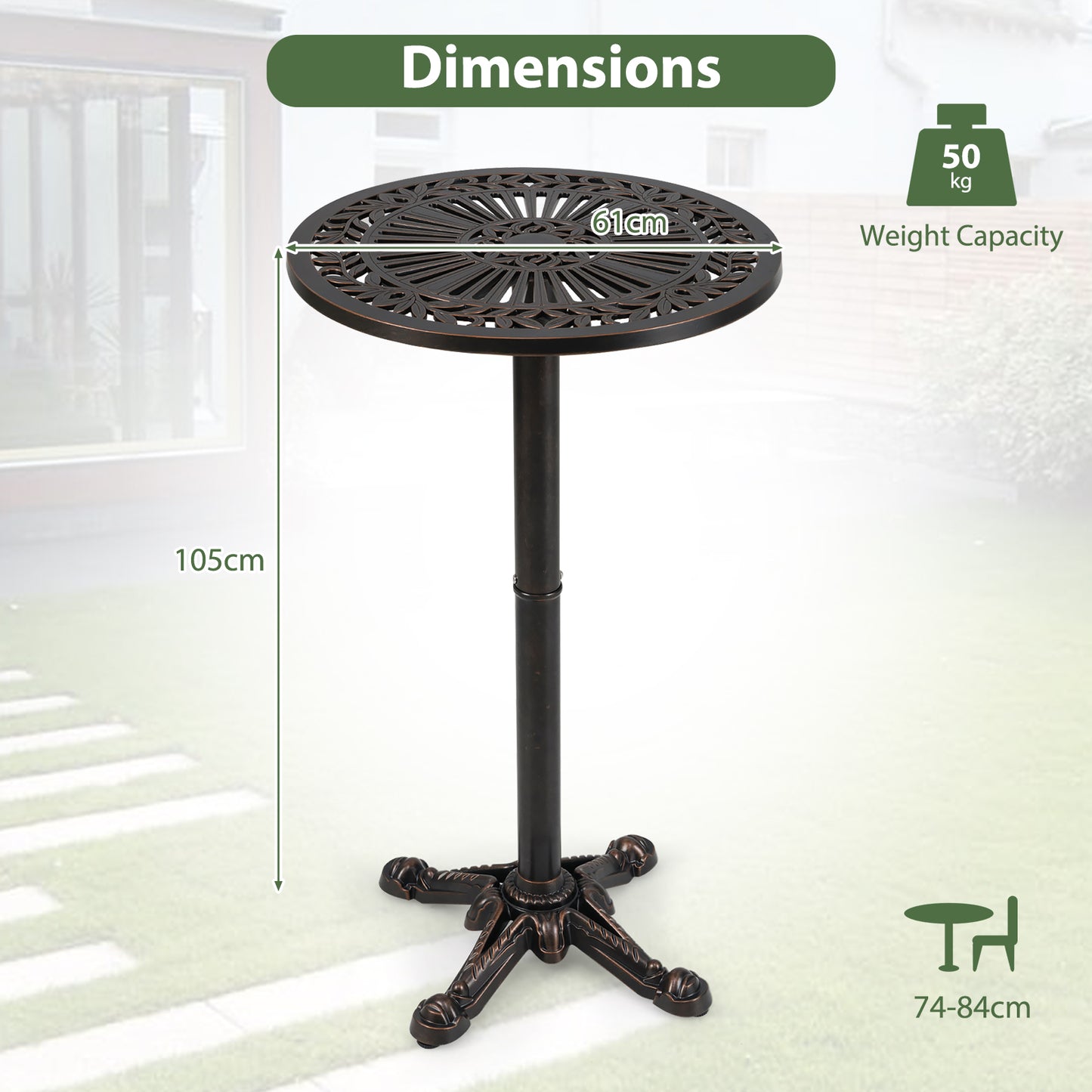 61 cm Patio Round Bar Table with Carved Texture-Bronze
