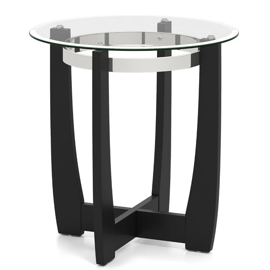 61cm Round Side Table with Tempered Glass Top and Solid Rubber Wood Base-Black