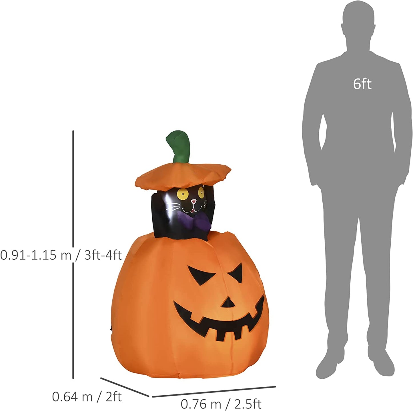 Outsunny 4ft Inflatable Halloween Pumpkin with Lifting Cat, Blow-Up Outdoor LED Display for Garden, Lawn, Party, Holiday