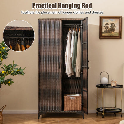 PE Rattan Wardrobe Armoire Closet with Hanging Rod and 4 Storage Cubes for Home Patio Garage-Brown