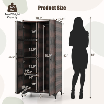 PE Rattan Wardrobe Armoire Closet with Hanging Rod and 4 Storage Cubes for Home Patio Garage-Brown