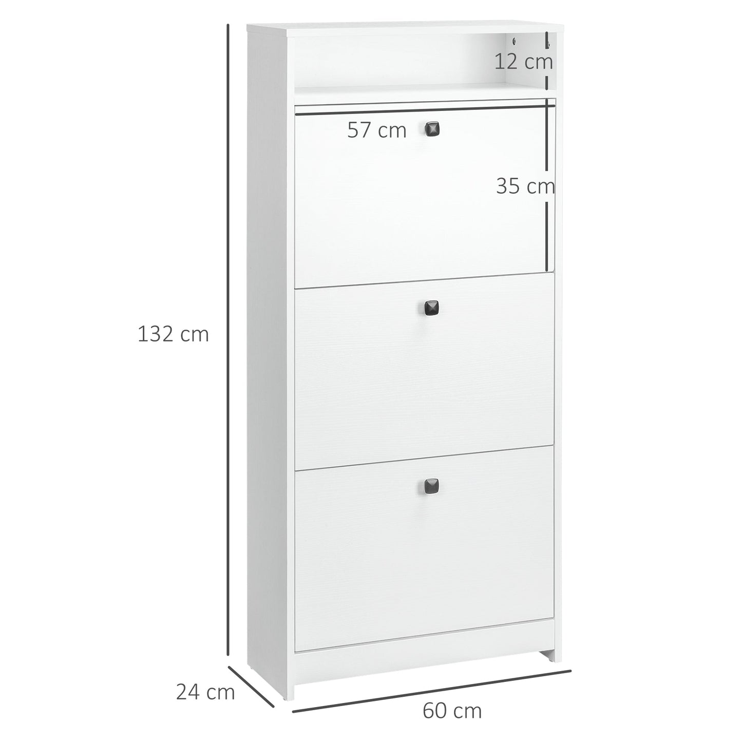 HOMCOM Wąska szafka na buty z 3 drzwiami uchylnymi, 14-18 par Szafka na buty z otwartą półką do wąskiego korytarza i przedpokoju, 24 x 60 x 132 cm, biała