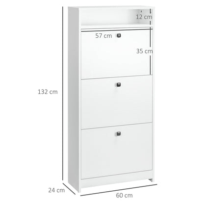 HOMCOM Wąska szafka na buty z 3 drzwiami uchylnymi, 14-18 par Szafka na buty z otwartą półką do wąskiego korytarza i przedpokoju, 24 x 60 x 132 cm, biała
