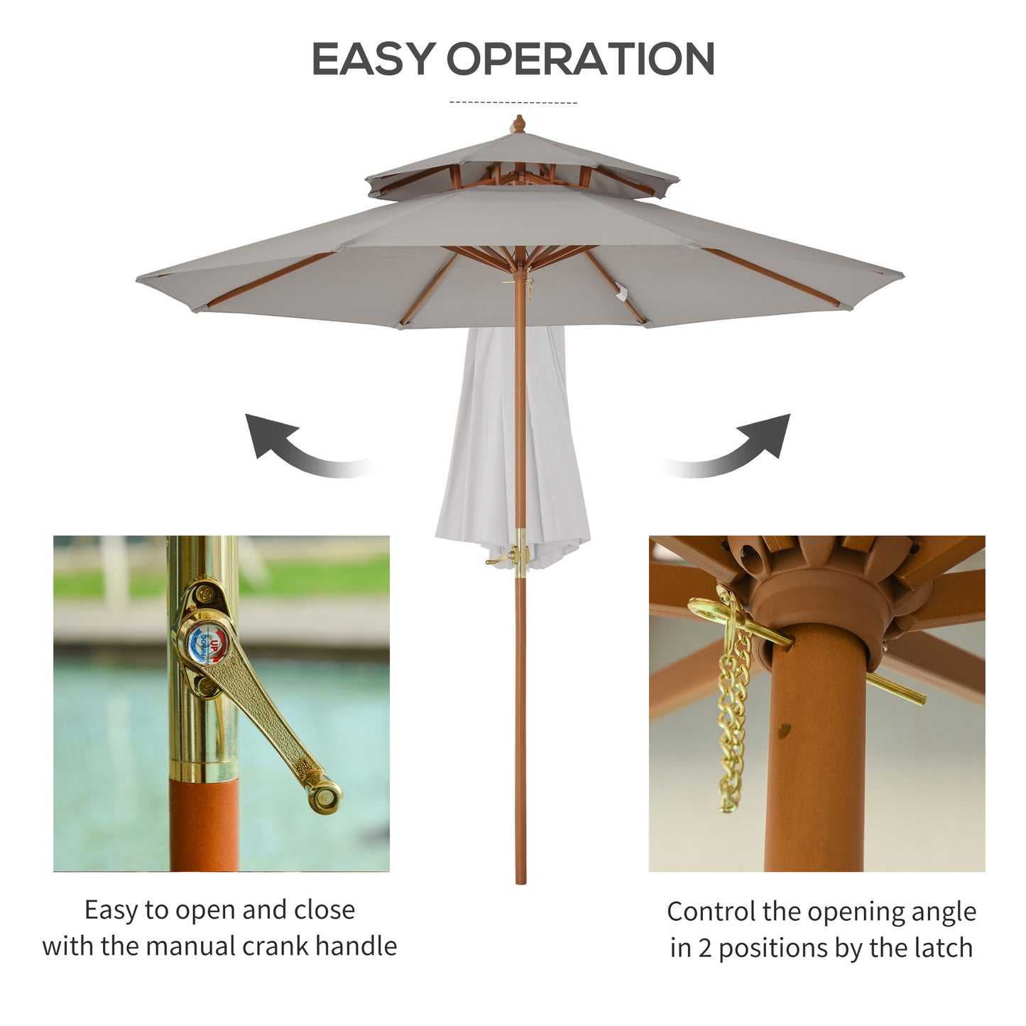 Outsunny 2.7m Elegant Wooden Frame Parasol Umbrella - Grey