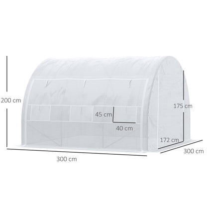 Outsunny 3 x 3 x 2 m Tunel foliowy ze zwijanymi ścianami bocznymi, namiotem do uprawy typu walk-in ze stalową ramą, wzmocnioną osłoną, drzwiami zapinanymi na zamek i 6 oknami z siatki do ogrodu, biały