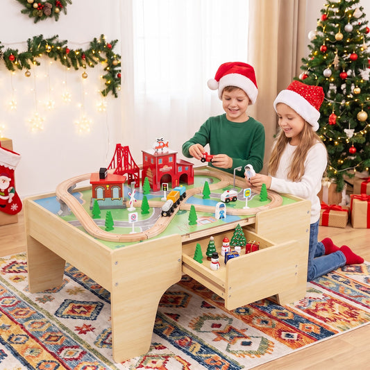 63-Piece Kids Train Table with Storage Drawer Reversible Tabletop and Train Tracks-Natural
