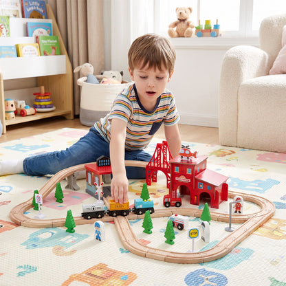 63-Piece Kids Train Table with Storage Drawer Reversible Tabletop and Train Tracks-Natural