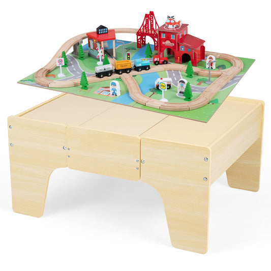 63-Piece Kids Train Table with Storage Drawer Reversible Tabletop and Train Tracks-Natural