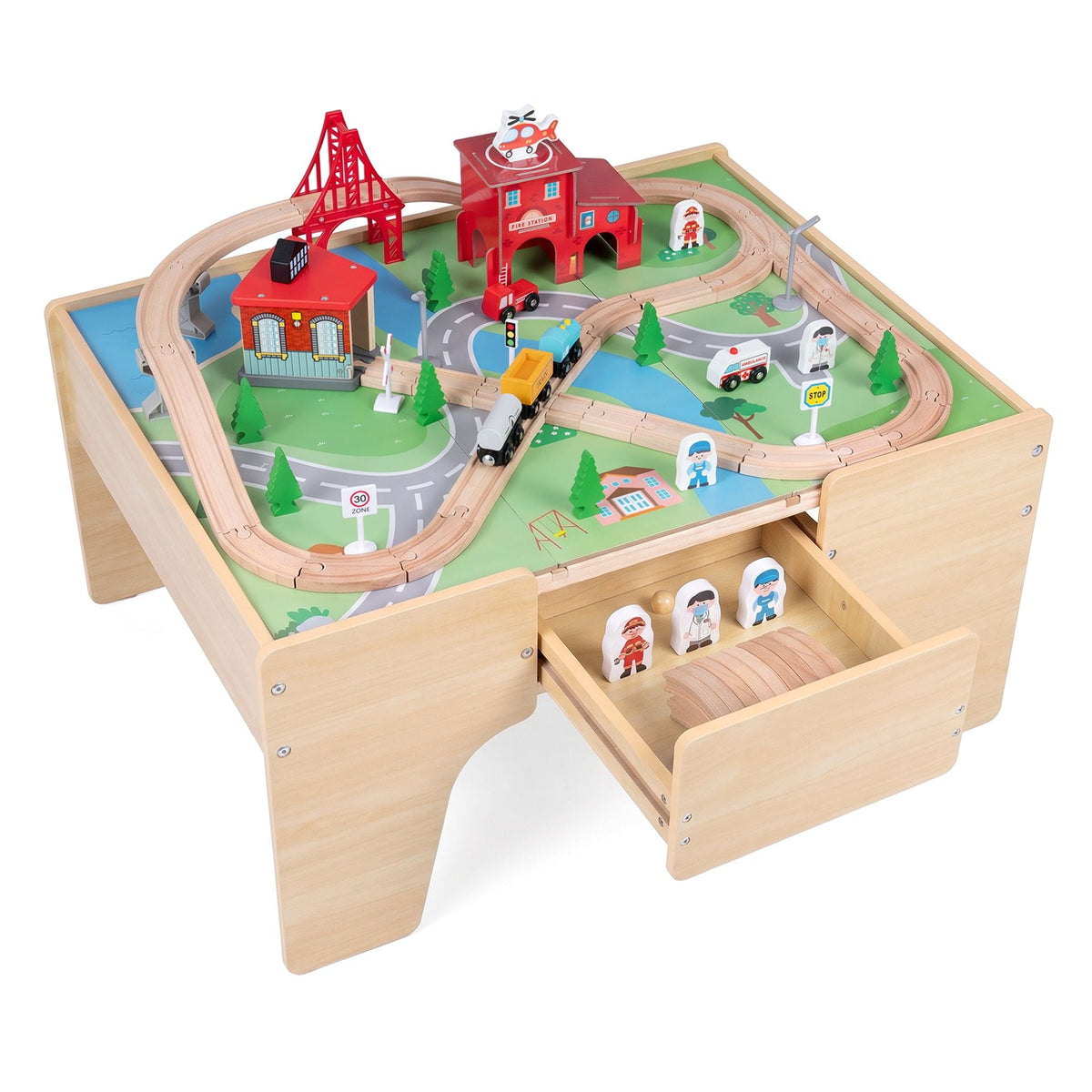 63-Piece Kids Train Table with Storage Drawer Reversible Tabletop and Train Tracks-Natural